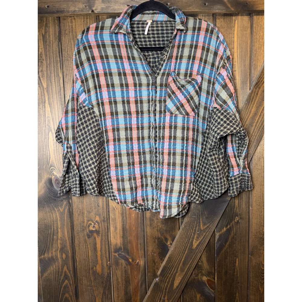 Free People One Of The Guys Plaid Flannel Tunic Shirt Oversized Boho Sz XS